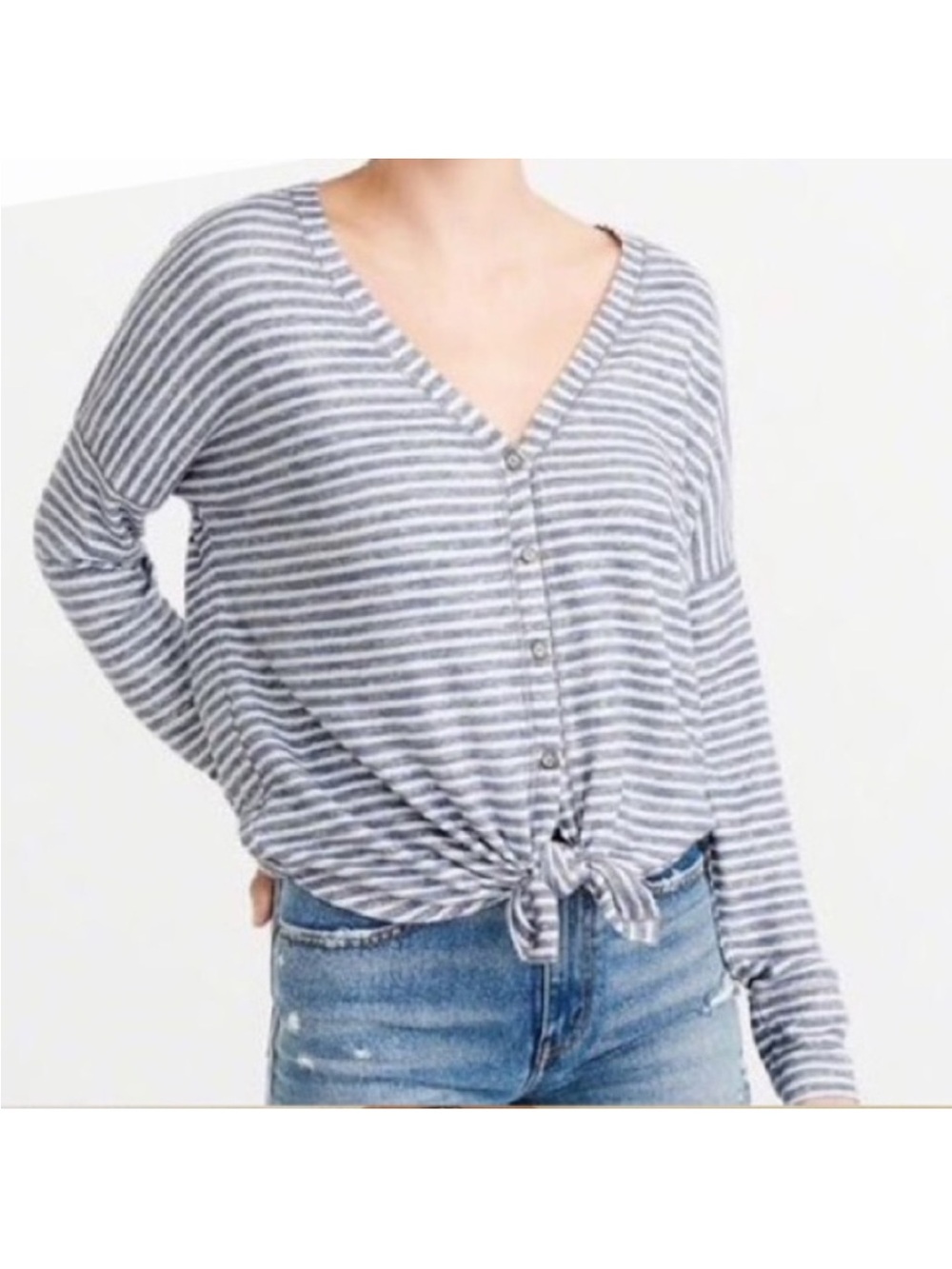 Abercrombie & Fitch Gray/Blue and White Striped Button Top Oversized Large